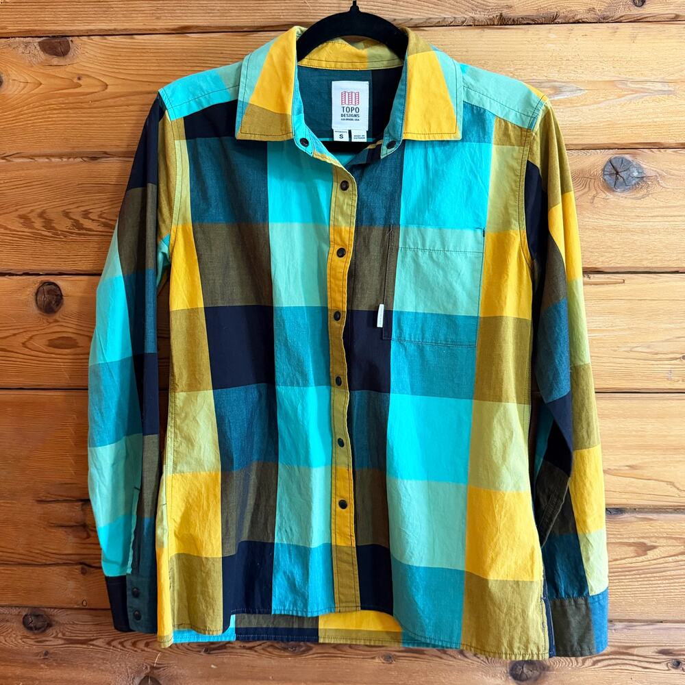 Topo Designs long sleeve plaid teal yellow Womens Small